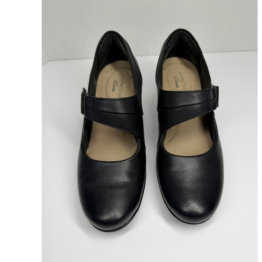 Clarks Collection Black Leather Mary Jane Block Heel Pumps 6.5 Ultimate Comfort
